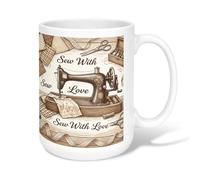 Tasse à café en céramique pour machine à coudre, style vintage, rustique, ciseaux, marron, tasse à thé fantaisie avec poignée, idéale pour l'amitié, la famille, les collègues, les enseignants, le