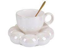 Tasse à café en céramique, tasse à café et soucoupe, mignonne tasse avec cuillère à fleur et dessous de verre, tasse à thé avec plateau, tasses à latte de 200 ml pour le bureau et la maison (blanc)
