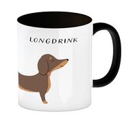 Tasse à café en forme de teckel, noire, avec inscription « Longdrink », parfaite pour les amateurs de teckel, idéale pour les fans d'alcool - Gin Tonic Tequila Vodka Whisky