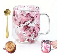 Tasse à café en verre à double paroi avec cuillère à motif de fleurs séchées, isotherme résistant à la chaleur, pour thé, lait, boissons chaudes et froides, idée cadeau de Saint-Valentin pour femme