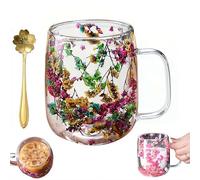 Tasse à café en verre à double paroi isotherme à double paroi avec poignée en forme de fleur séchée pour thé, expresso, latte, cappuccino, boissons chaudes, cadeau d'anniversaire pour femme et elle (A