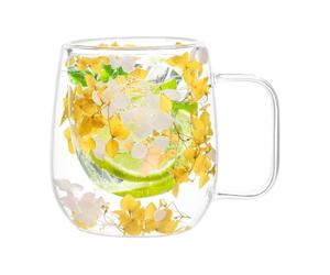 Tasse à café en verre à double paroi isotherme avec fleurs séchées | Tasse à thé transparente à double couche isolée thermique, avec poignée, 250 ml, pour expresso, cappuccino, latte