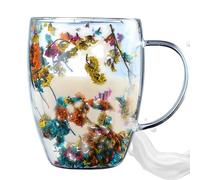 Tasse à café en verre à motif de fleurs séchées - Tasse à café créative anti-brûlure en verre à double paroi avec poignée ergonomique | Tasse isotherme pour la et les amis