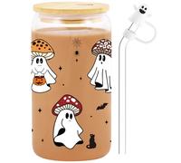 Tasse à café en verre avec couvercles et pailles, motif fantôme champignon et fantôme champignon pour Halloween | Cadeau effrayant d'Halloween pour femmes et adolescentes