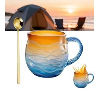 Tasse à café en verre de mer fabriquée à la main sur le thème de l'océan avec motif texturé de vagues de mer, tasses texturées uniques sur le thème de la plage avec cuillère pour le thé, verres