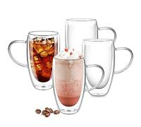 Tasse a Cafe en Verre Double Paroi de 450ml x 4, Résistantes à la Chaleur, Tasse à thé Transparente, Tasse en Borosilicate avec Poignée, Passent au Lave-vaisselle, Pour les Boissons Chaudes et Glacée