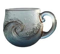 Tasse à café en verre soufflé à la main avec poignée, motif vague givrée texturée pour les amateurs de thé, de vin et de plage, 355 ml, idée cadeau artistique côtière (B)