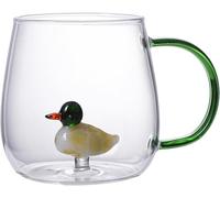 Tasse à café en verre transparent 3D résistant à la chaleur avec poignée, figurine d'animal mignon à l'intérieur pour café, thé, lait, cadeau fantaisie (canard)