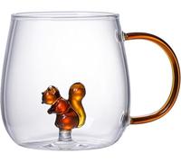 Tasse à café en verre transparent 3D résistant à la chaleur avec poignée, figurine d'animal mignon à l'intérieur pour café, thé, lait, cadeau fantaisie (écureuil)