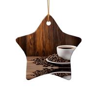 Tasse à café et grains de café - Pendentifs en céramique en forme d'étoile - Ornements faits à la main en porcelaine dorée pour la décoration de Noël de la maison.