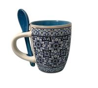 Tasse à café expresso traditionnelle du Portugal peinte à la main avec cuillère en céramique et boîte cadeau incluse Poterie portugaise Beau cadeau du Portugal (carreaux portugais avec cuillère bleue)