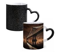 Tasse à café fantaisie - New York Manhattan Bridge Night Tasse à café en céramique changeant de chaleur Tasse à thé personnalisée 325 ml pour boissons chaudes et froides, maison, bureau, fête