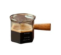Tasse à café graduée en verre avec poignée en bois | Des graduations claires et une poignée en bois isolée thermiquement permettent de contrôler la portion de lait et de café.