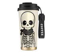 Tasse à café Halloween avec imprimé monarque osseux | Gobelet en acier inoxydable avec paille et dragonne. Couvercle noir, blanc, rouge ou rose