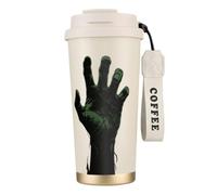 Tasse à café Halloween avec imprimé monarque osseux | Gobelet en acier inoxydable avec paille et dragonne. Couvercle noir, blanc, rouge ou rose