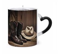 Tasse à café humoristique avec chapeau de cowboy noir et bottes western, 325 ml, avec anse en forme d'oreille, en céramique, personnalisée, idéale pour le thé chaud, idéale pour homme et femme.