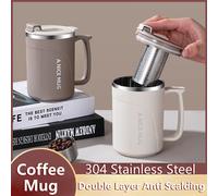 Tasse à café isolée en acier inoxydable de 450ML, avec passoire à thé amovible, couvercle anti-fuite et poignée, tasse thermique à Double paroi Beige