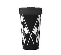 Tasse à café isotherme à motif de drapeaux à carreaux noir et blanc - Tasse de voyage élégante avec poignée, parfaite pour les boissons chaudes et glacées
