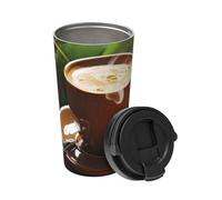 Tasse à café isotherme avec couvercle en acier inoxydable - Tasse à café et feuilles vertes - Tasse de voyage isotherme pour voyage - Tasse à café à double paroi pour le bureau - Tasse à café pour