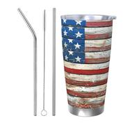 Tasse à café isotherme en acier inoxydable avec couvercle et paille - Motif drapeau américain - 591 ml - Bouteille d'eau pour boissons froides et chaudes