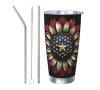 Tasse à café isotherme en acier inoxydable avec couvercle et paille - Motif drapeau américain et fleur - 591 ml - Bouteille d'eau pour boissons froides et chaudes