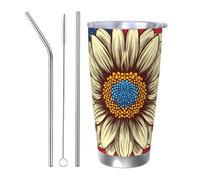 Tasse à café isotherme en acier inoxydable avec couvercle et paille - Motif tournesol - Drapeau américain - 591 ml - Bouteille d'eau pour boissons froides et chaudes