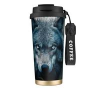 Tasse à café isotherme en acier inoxydable avec impression Wolf3 aux yeux bleus pour homme et femme