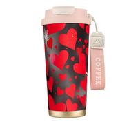 Tasse à café isotherme en acier inoxydable avec motif feux d'artifice et cœurs rouges pour homme et femme