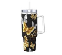 Tasse à café isotherme en acier inoxydable avec motif papillons blancs dorés et noirs, capacité de 1,2 l, pour la maison, le bureau, l'extérieur