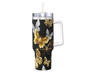 Tasse à café isotherme en acier inoxydable avec motif papillons blancs dorés et noirs, capacité de 1,2 l, pour la maison, le bureau, l'extérieur