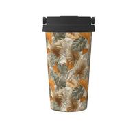 Tasse à café isotherme en acier inoxydable pour eau chaude et froide - Motif feuilles de Monstera - Orange Gris