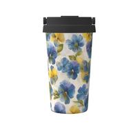 Tasse à café isotherme en acier inoxydable pour eau chaude et froide - Motif pensées aquarelles en bleu doux et jaune