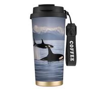 Tasse à café isotherme réutilisable en acier inoxydable avec couvercle étanche et motif « Killer Whales Swim Along » - 500 ml