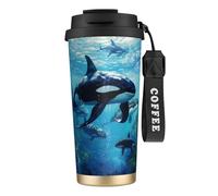 Tasse à café isotherme réutilisable en acier inoxydable avec couvercle étanche et motif « Killer Whales Swim Along » - 500 ml