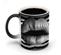 Tasse à café magique en céramique de 325 ml - Sensible à la chaleur - Changement de couleur - Lèvres imprimées en rayures noires et blanches - Tasse à thé pour homme et femme