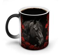 Tasse à café magique en céramique de 325 ml - Sensible à la chaleur - Tasse à café magique à changement de couleur - Cheval noir sur fond de roses rouges - Tasse à thé pour homme et femme