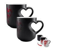 Tasse à café magique en céramique en forme de cœur à changement de couleur pour la Saint Valentin, motif romantique surprise avec boisson chaude, cadeau amusant pour les couples (noir A pièces)