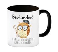 Tasse à café noire avec inscription « Passene Prüfung » en forme de chouette, avec inscription en allemand « Zum Klugscheißen » - Cadeau de remise de diplôme, fête de bachelor, félicitations, écolier,