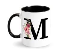 Tasse à café personnalisée avec initiale - Lettre en céramique - Tasse noire avec fleurs et alphabet - Cadeau pour femme, petite amie, épouse, pour anniversaire, Saint-Valentin, fête des mères (M)