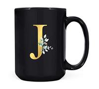 Tasse à café personnalisée avec lettre J florale, cadeau personnalisé, lettre imprimée effet or, non métallique - Tasse à café en céramique pour homme ou femme, tasse extra large et géante, tasse