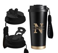 Tasse à Café Personnalisée avec Nom Mug Isotherme Cafe avec Couvercle & Paille Thermos Cafe Isotherme Inox Travel Mug Cadeaux Personnalisés pour Papa, Maman et Amis (Noir)