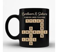 Tasse à café personnalisée Brothers & Sisters Forever Linked Together avec mots croisés - Cadeau pour frères, sœurs, frères et sœurs - Tasse fantaisie pour la famille