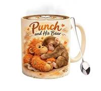 Tasse à café Punch Monkey avec cuillère en acier inoxydable - Tasse à café Punch and His Bear | Joli bébé singe câlin ours en peluche, cadeau de motivation unique pour les amoureux des animaux, tasse