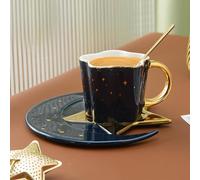 Tasse à Café, Set De Tasses à Café En Céramique Avec Soucoupe Étoilée Et Cuillère Dorée, Service à Café Porcelaine, Tasses à Thé De l'Après-Midi, Tasses à Latte Macchiato, Expresso (Bleu foncé)