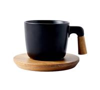 Tasse A Café, Tasse Ceramique avec Anse en Bois et Sous-verre, Prise en Main Facile, Design Antidérapant, Idéal pour Un Usage Domestique ou Comme Cadeau(Black)