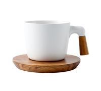 Tasse A Café, Tasse Ceramique avec Anse en Bois et Sous-verre, Prise en Main Facile, Design Antidérapant, Idéal pour Un Usage Domestique ou Comme Cadeau(White)