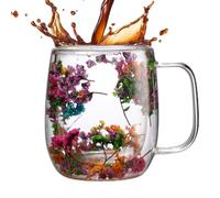 Tasse à café, tasses en verre à double paroi | tasse en verre avec design | Fleurs séchées pour café | Tasse sèche résistante à la chaleur double fleur pour boissons froides, capuc