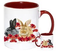 Tasse à café/thé Motif lapins dans un champ de coquelicots Poignée rouge et intérieur rouge 325 ml