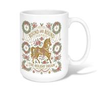 Tasse à café vintage en céramique avec citation de Noël - 445 ml | Illustration de cheval carrousel vintage, tasse à café, couronne florale ornée, thème d'hiver nostalgique