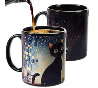 Tasse à changement de chaleur, tasse en céramique avec motif de chat noir mignon avec ballon et champignon, cadeau de Noël et d'anniversaire, cadeau pour les amoureux des chats et les buveurs de café.